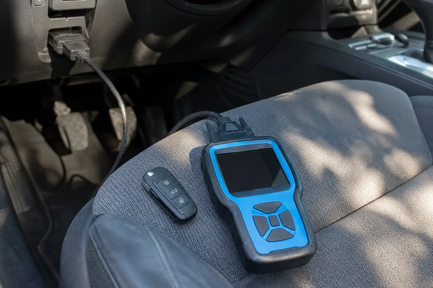 Car key programmer plugged into the OBD port in Wentzville, MO