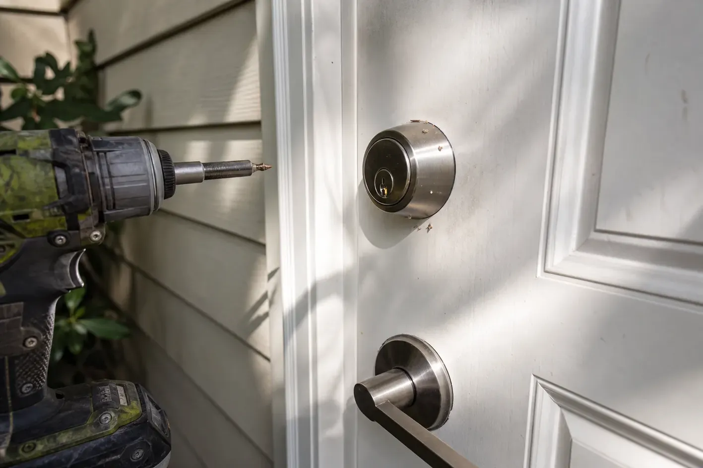 New deadbolt being installed in a front door