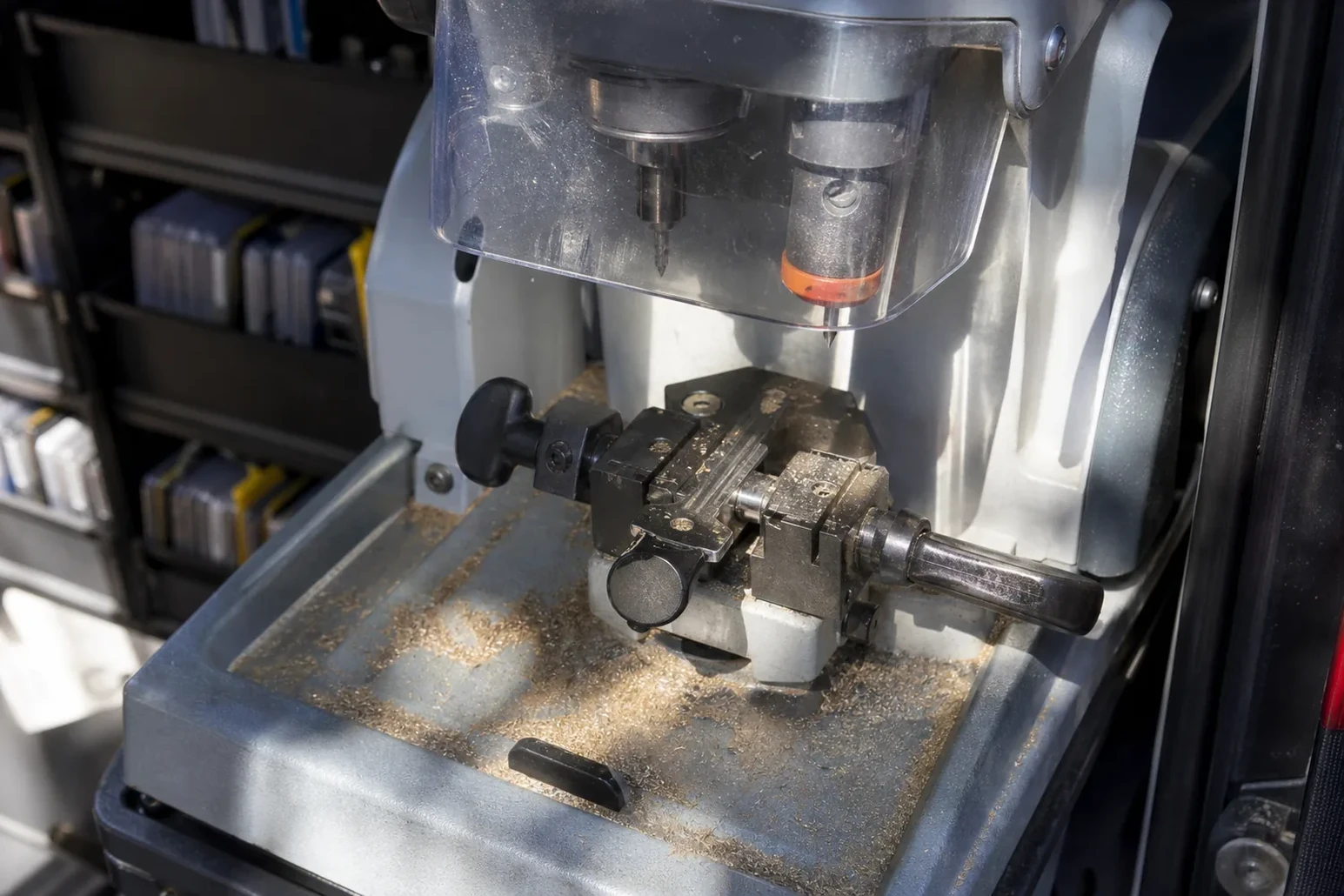 Key cutting machine in the service vehicle in Wentzville, MO