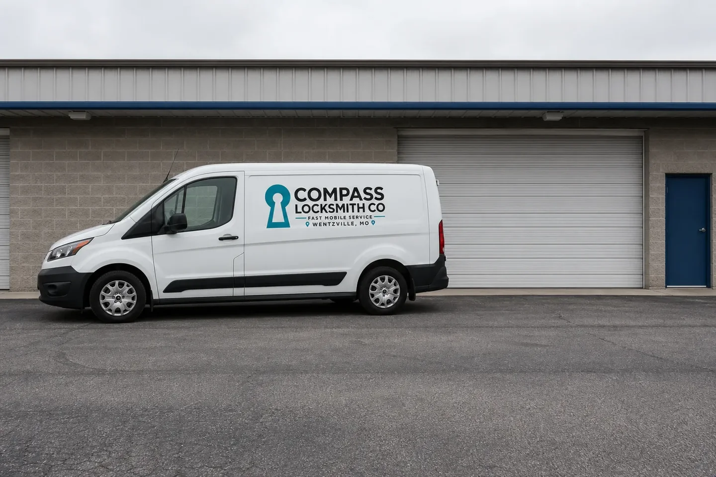 The Compass Locksmith Co service vehicle, stocked for lockouts and key cutting in Wentzville, MO